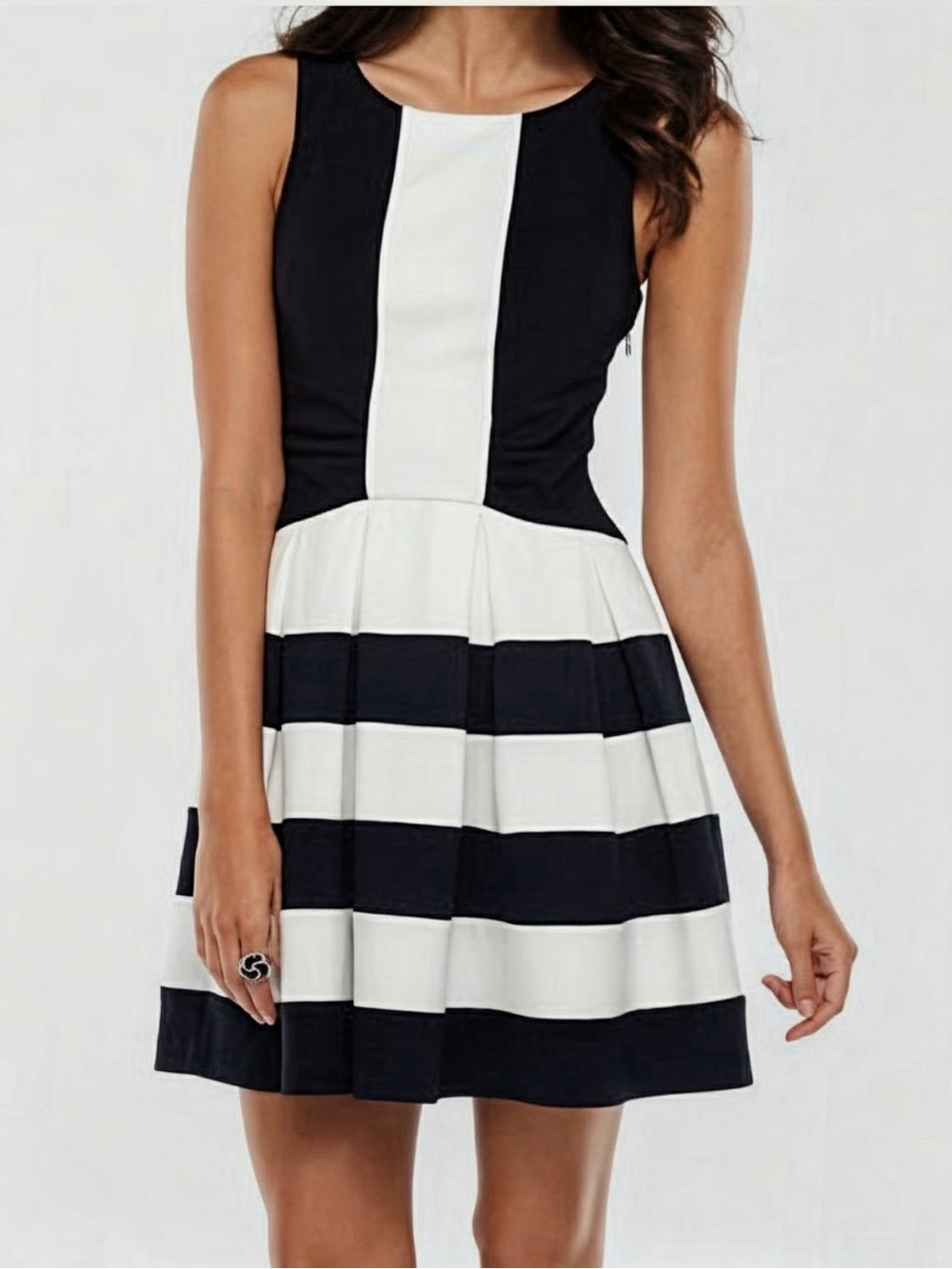 NWT ELLE Women’s Black & White Striped Fit-and-Flare Dress Size 14